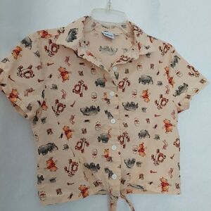 Disney Butter Yellow Character Print Crop Tie-front Button Up Top Size XS